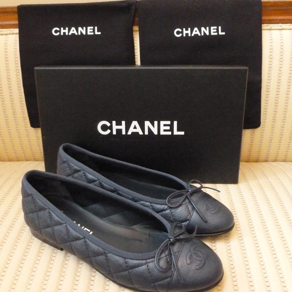 Chanel Shoes - Chanel Metallic Navy Quilted Ballerina Flats